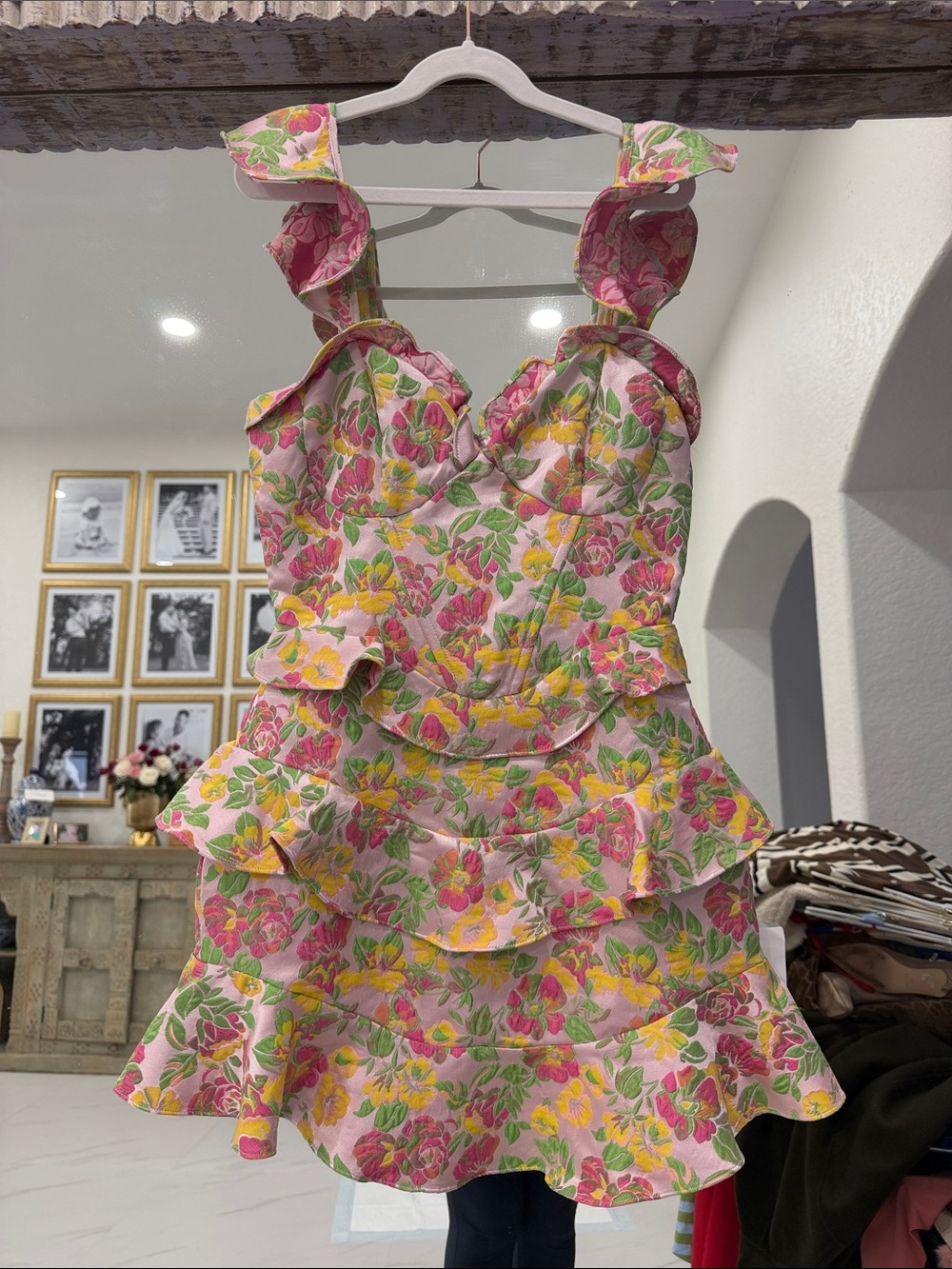 ASOS Pink Floral Jacquard Ruffle Mini Dress with Yellow & Green Accents